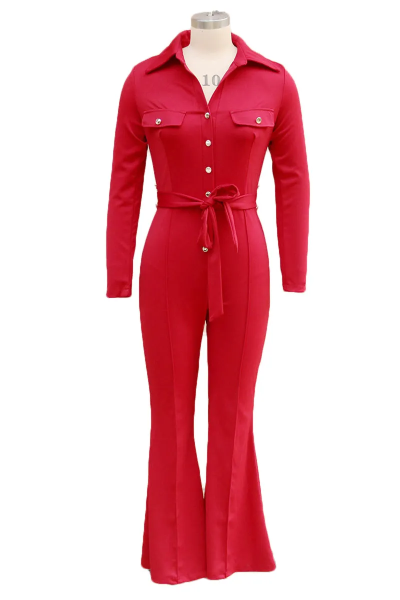 JI0230 Bootcut Belted Jumpsuits