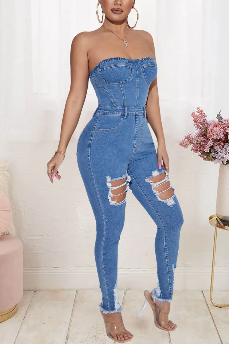 JM0213 Denim Strapless Jumpsuits