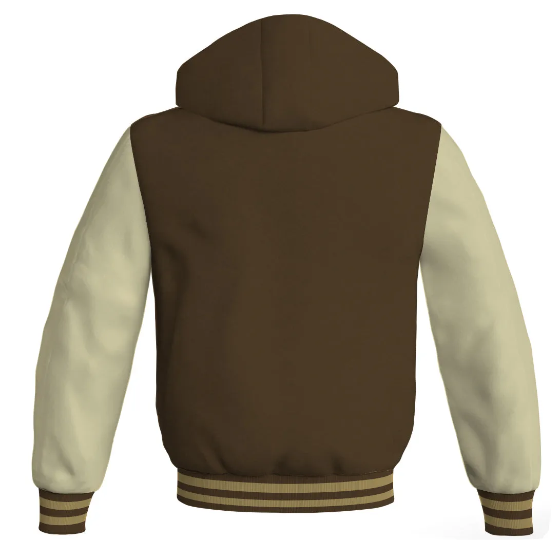 Letterman Hoodie Brown Body and Cream Leather Sleeves Bomber Jacket