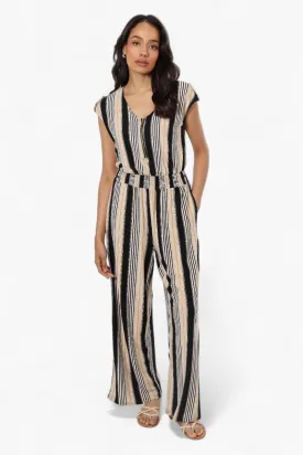 Majora Striped Front Zip Cinched Waist Jumpsuit - Beige