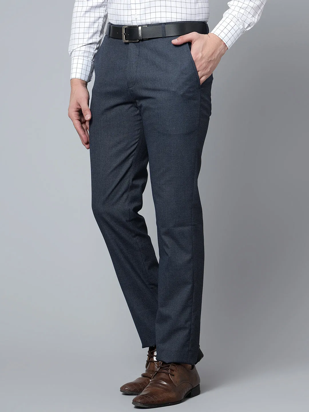 Men's Formal Flat front Navy Blue Houndstooth Trousers