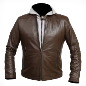 Men's Hooded Bomber Brown Leather Jacket