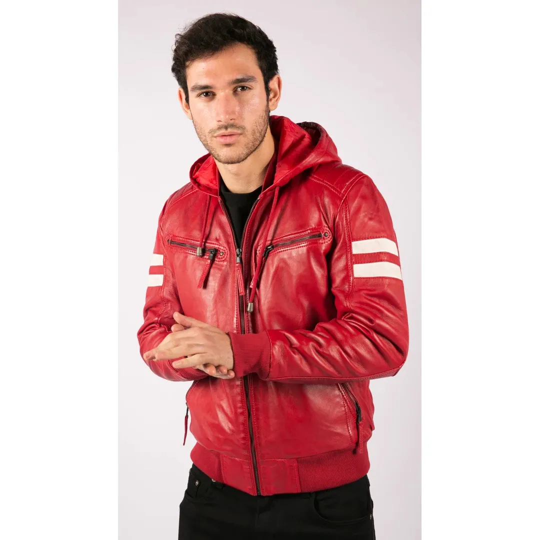 Men's Hooded Leather Bomber Jacket Red Stripes Quilted