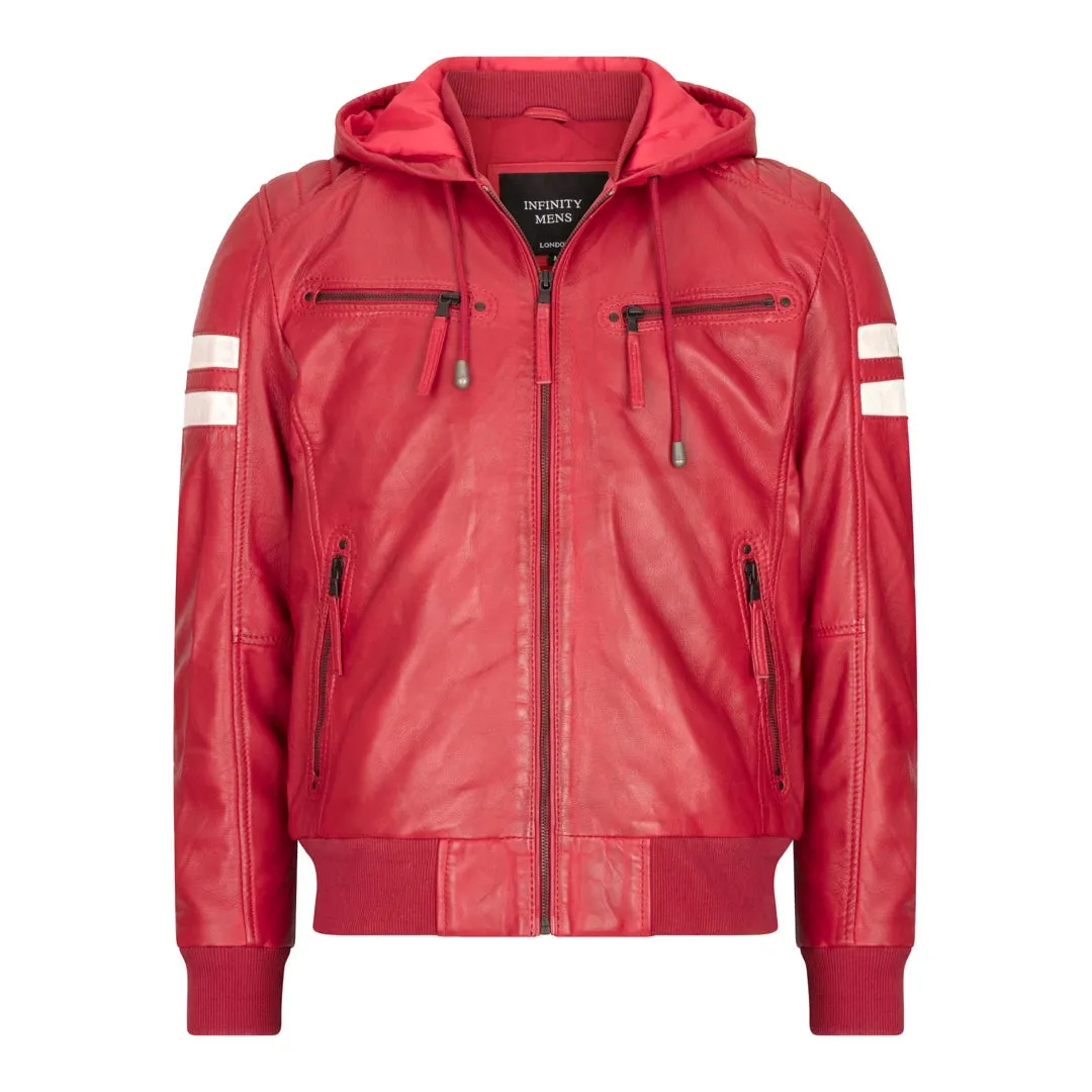 Men's Hooded Leather Bomber Jacket Red Stripes Quilted