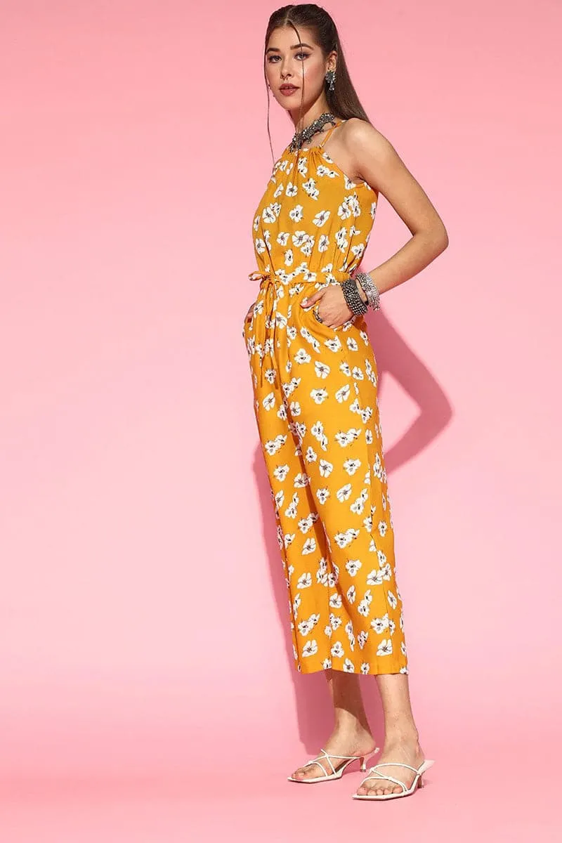 Mustard Polyester Printed Strappy Jumpsuit