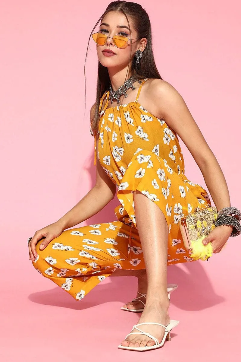 Mustard Polyester Printed Strappy Jumpsuit