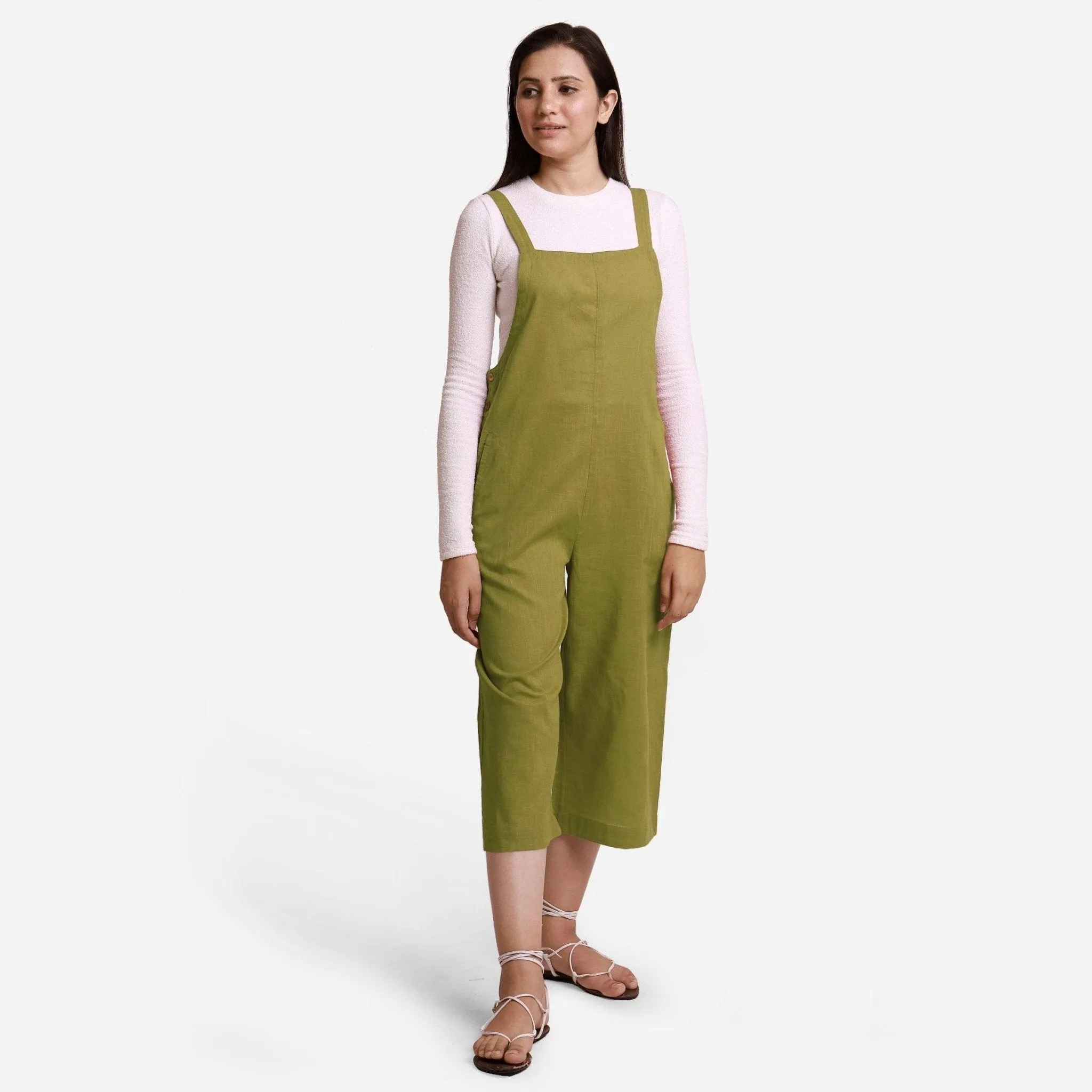 Olive Green Cotton Pinafore Midi Dungaree Jumpsuit