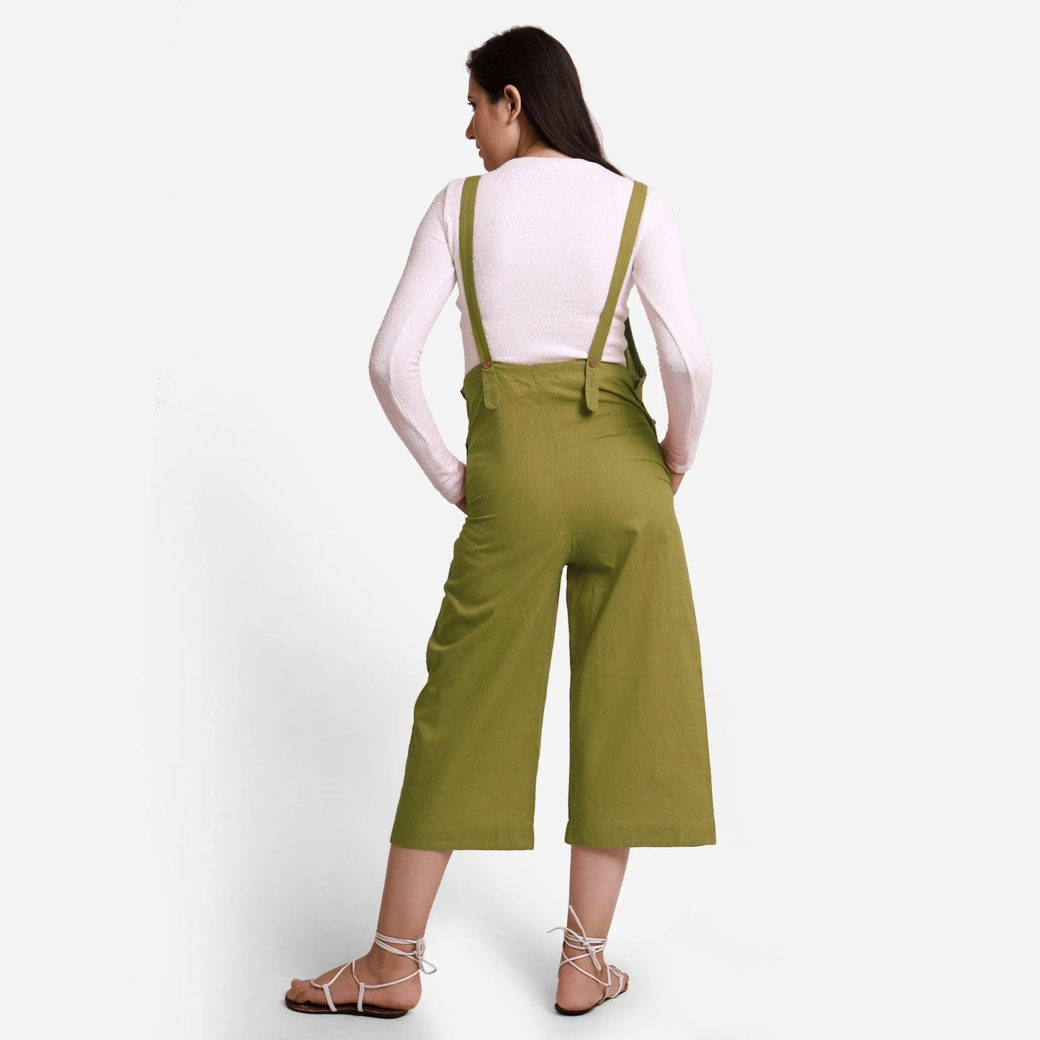 Olive Green Cotton Pinafore Midi Dungaree Jumpsuit