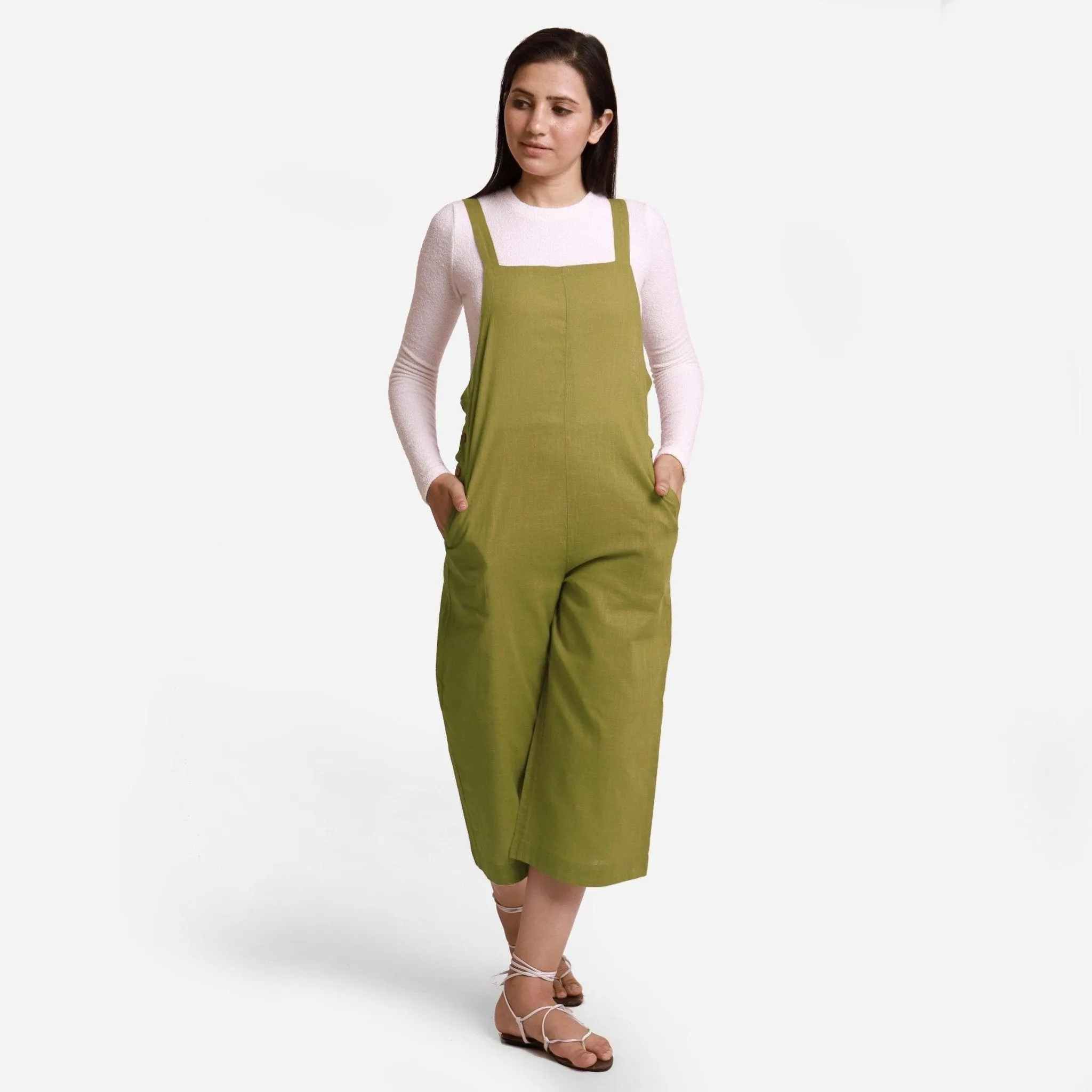 Olive Green Cotton Pinafore Midi Dungaree Jumpsuit