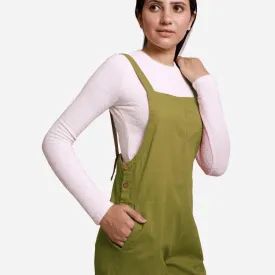 Olive Green Cotton Pinafore Midi Dungaree Jumpsuit