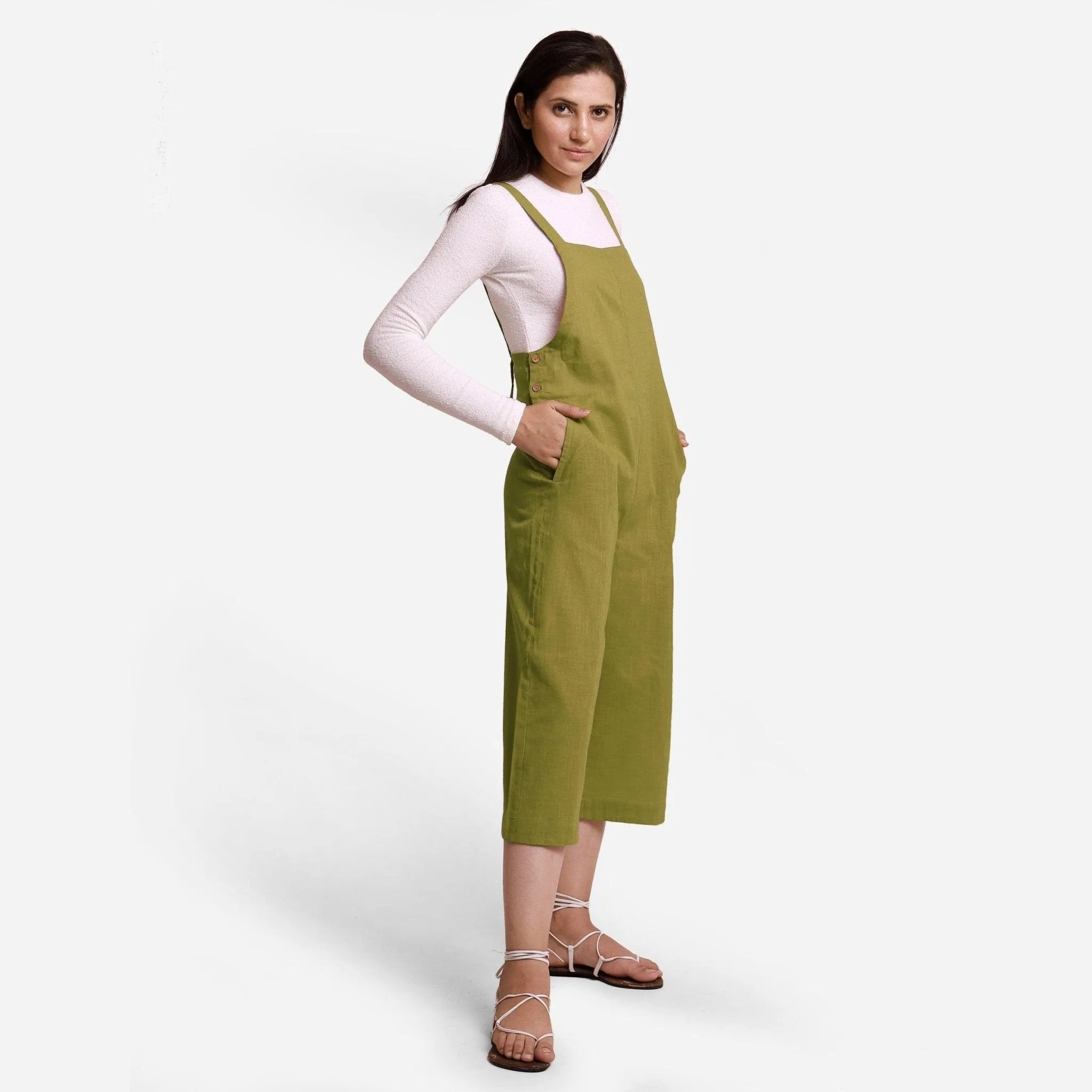 Olive Green Cotton Pinafore Midi Dungaree Jumpsuit