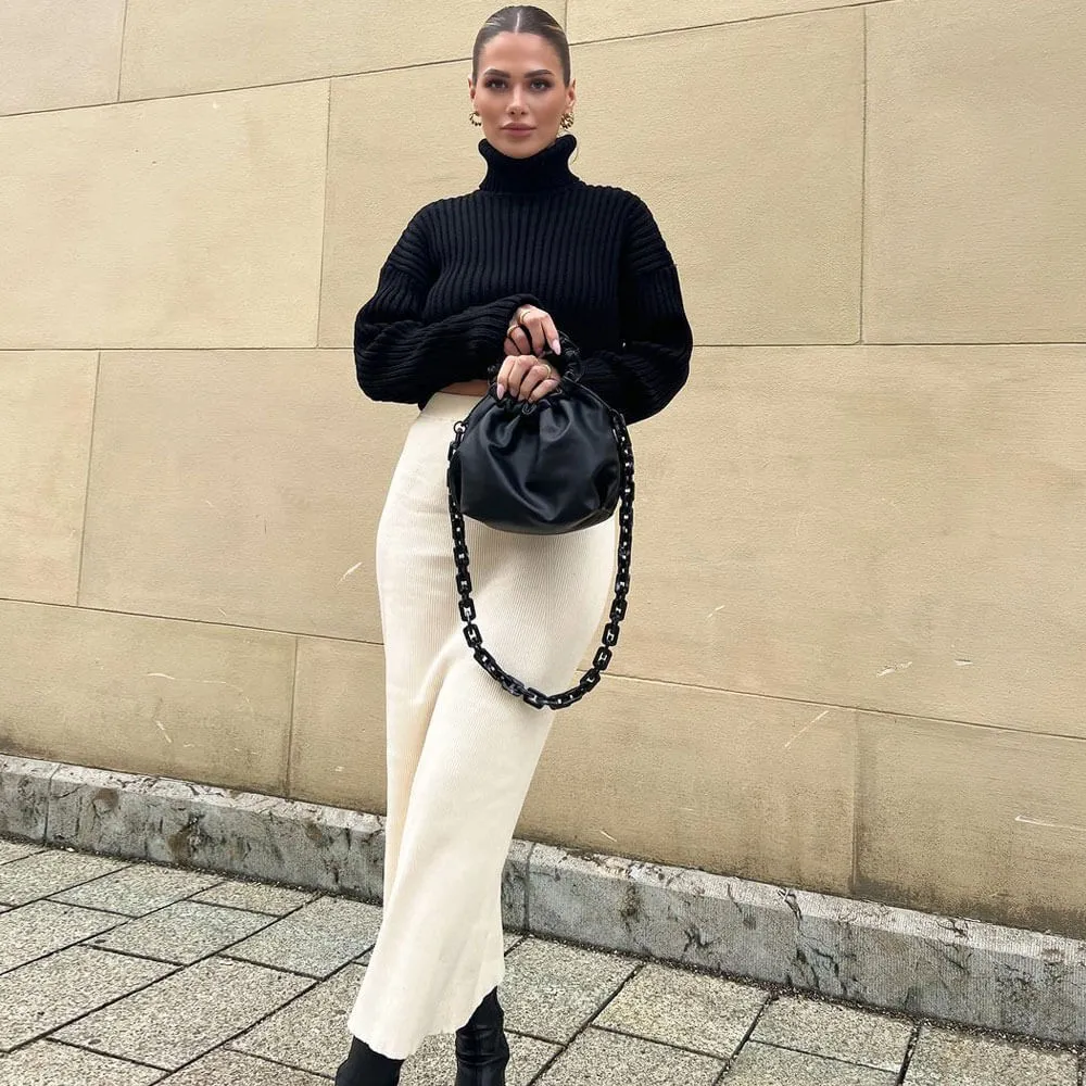 Oversized Solid Color Turtleneck Drop Shoulder Cropped Sweater