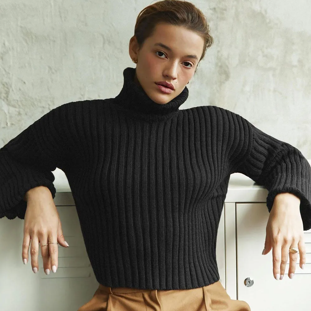 Oversized Solid Color Turtleneck Drop Shoulder Cropped Sweater