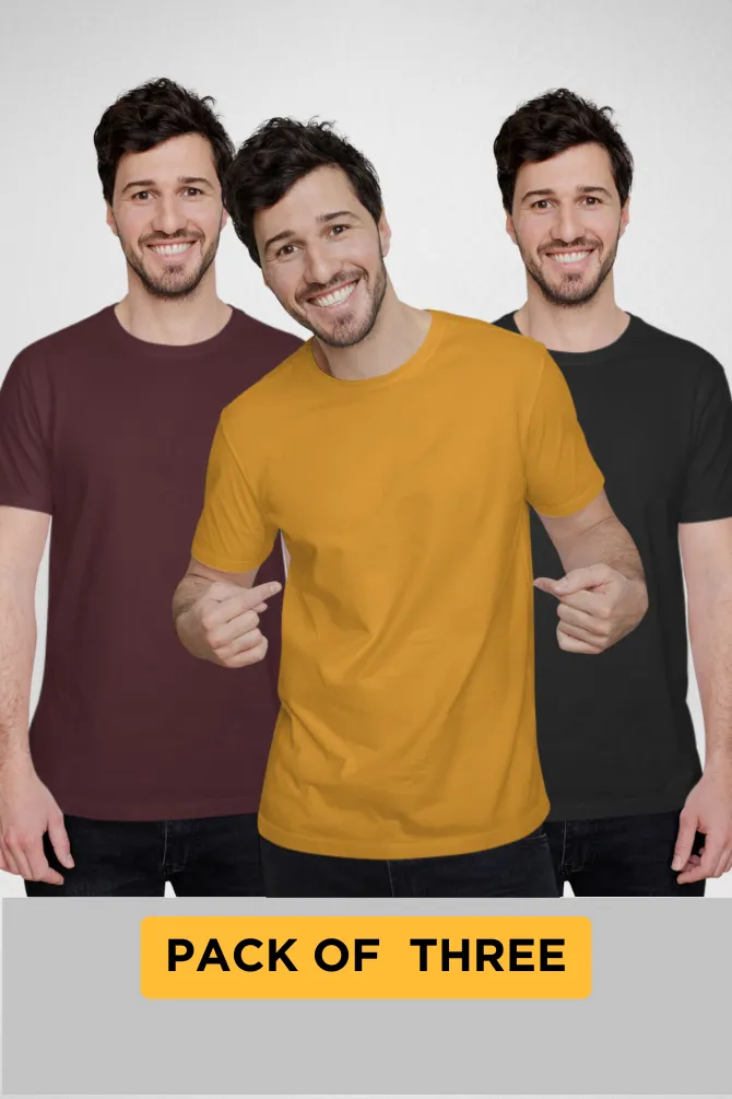 Pack Of 3 Plain T-shirts Black Maroon and Mustard Yellow for Men