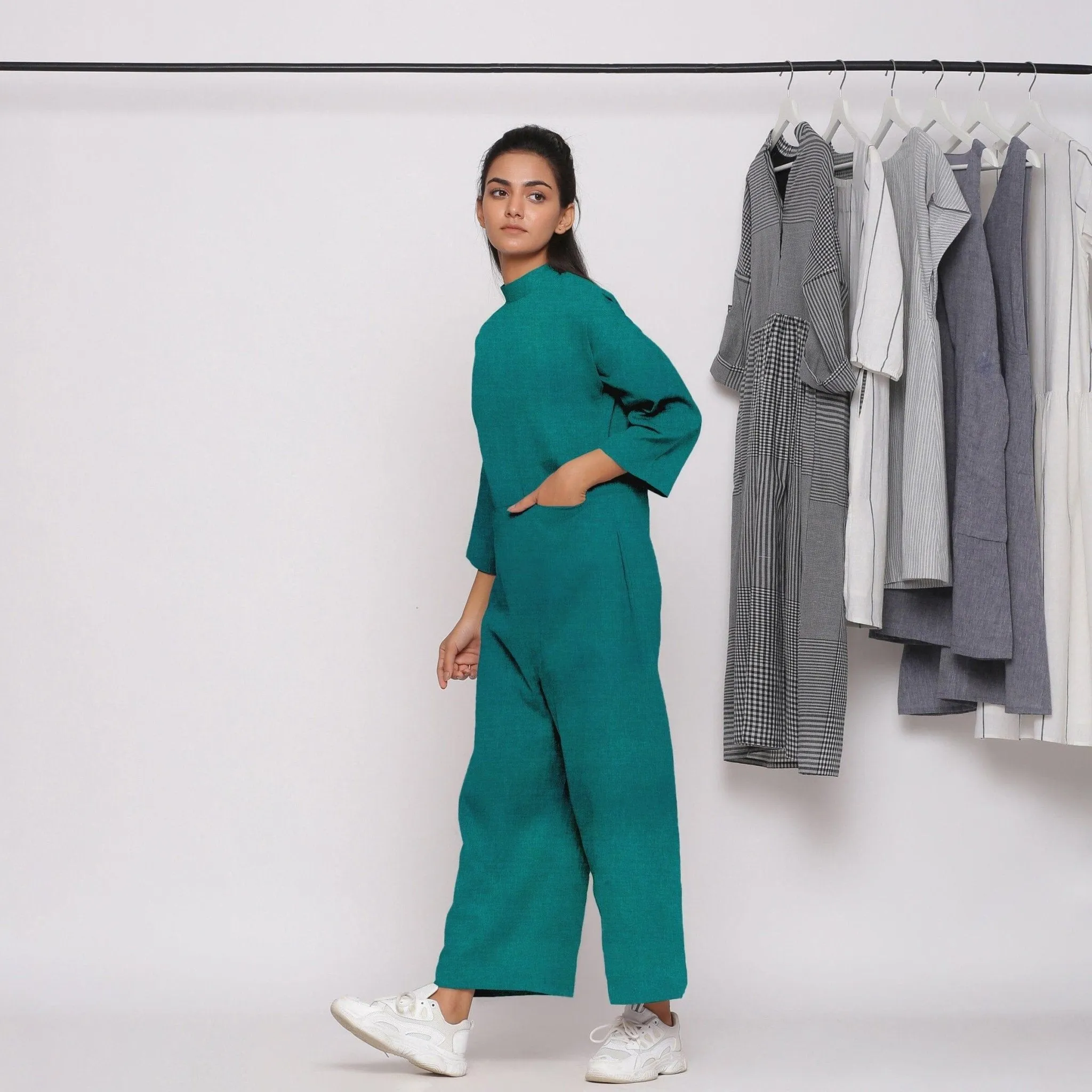 Pine Green Cotton Linen Comfort Fit High Neck Jumpsuit