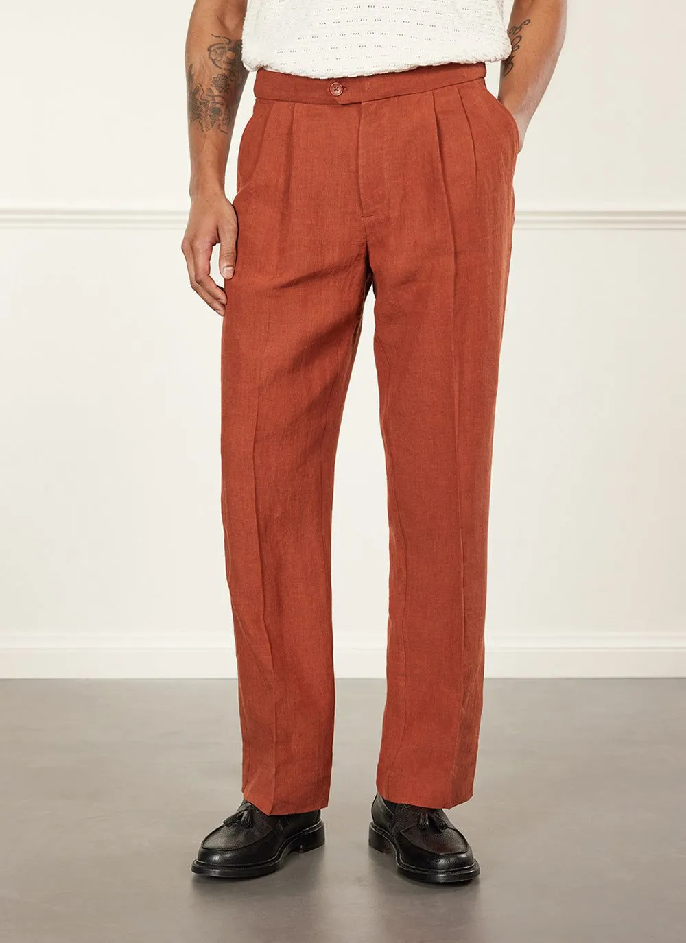 Pleated Tailored Trousers | Linen | Rust