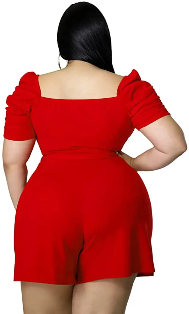 Plus Size Red Puff Sleeve Off Shoulder Jumpsuit