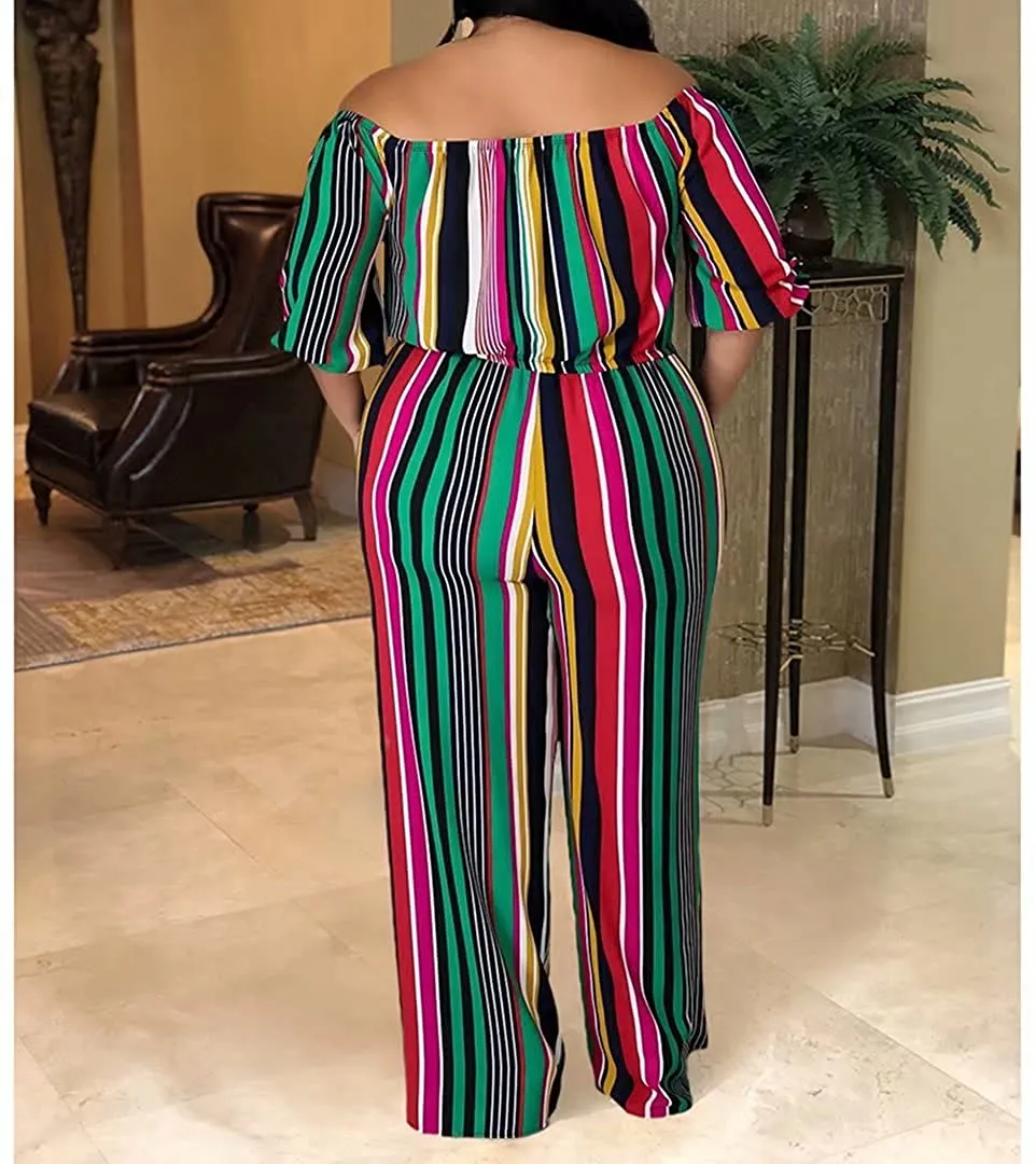 Plus Size Stripe Green Pleated Off Shoulder Jumpsuit