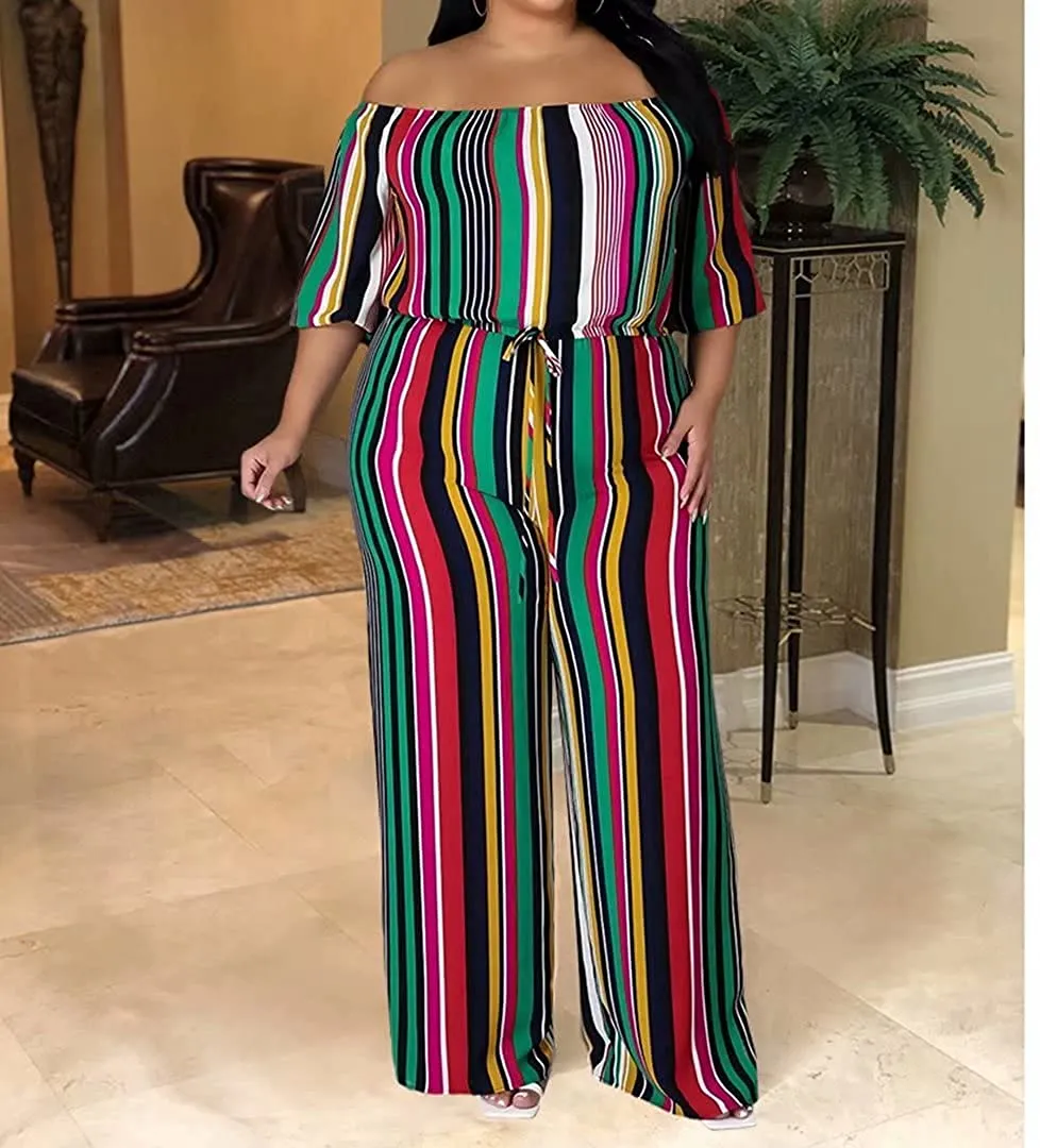 Plus Size Stripe Green Pleated Off Shoulder Jumpsuit