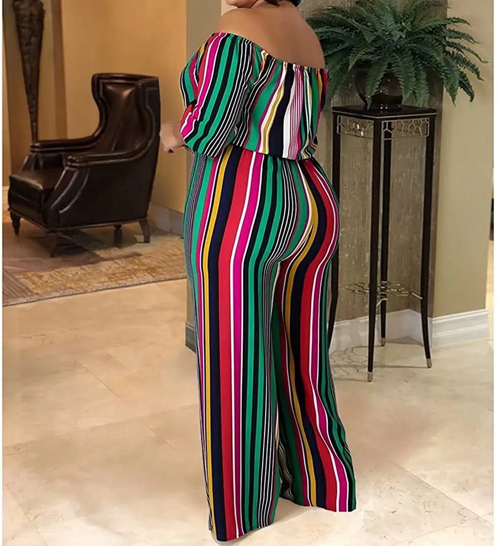 Plus Size Stripe Green Pleated Off Shoulder Jumpsuit