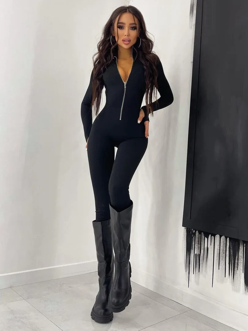 Purpdrank - Autumn Winter Female Clothing Solid Long Sleeve Zipper Jumpsuits Skinny Sexy Streetwear Rompers Fashion Women's Jumpsuit