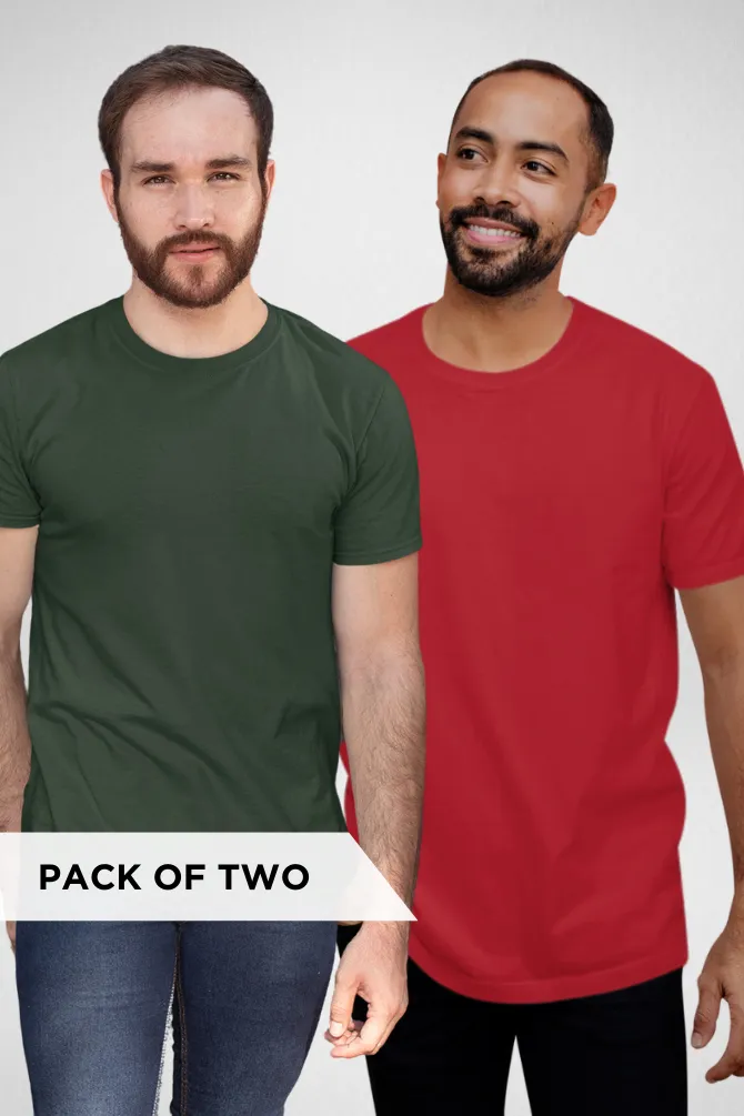 Red and Bottle Green Plain T-shirts Combo for Men