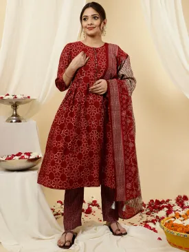 Red Bandhani Flared Print Kurta With Pants And Dupatta