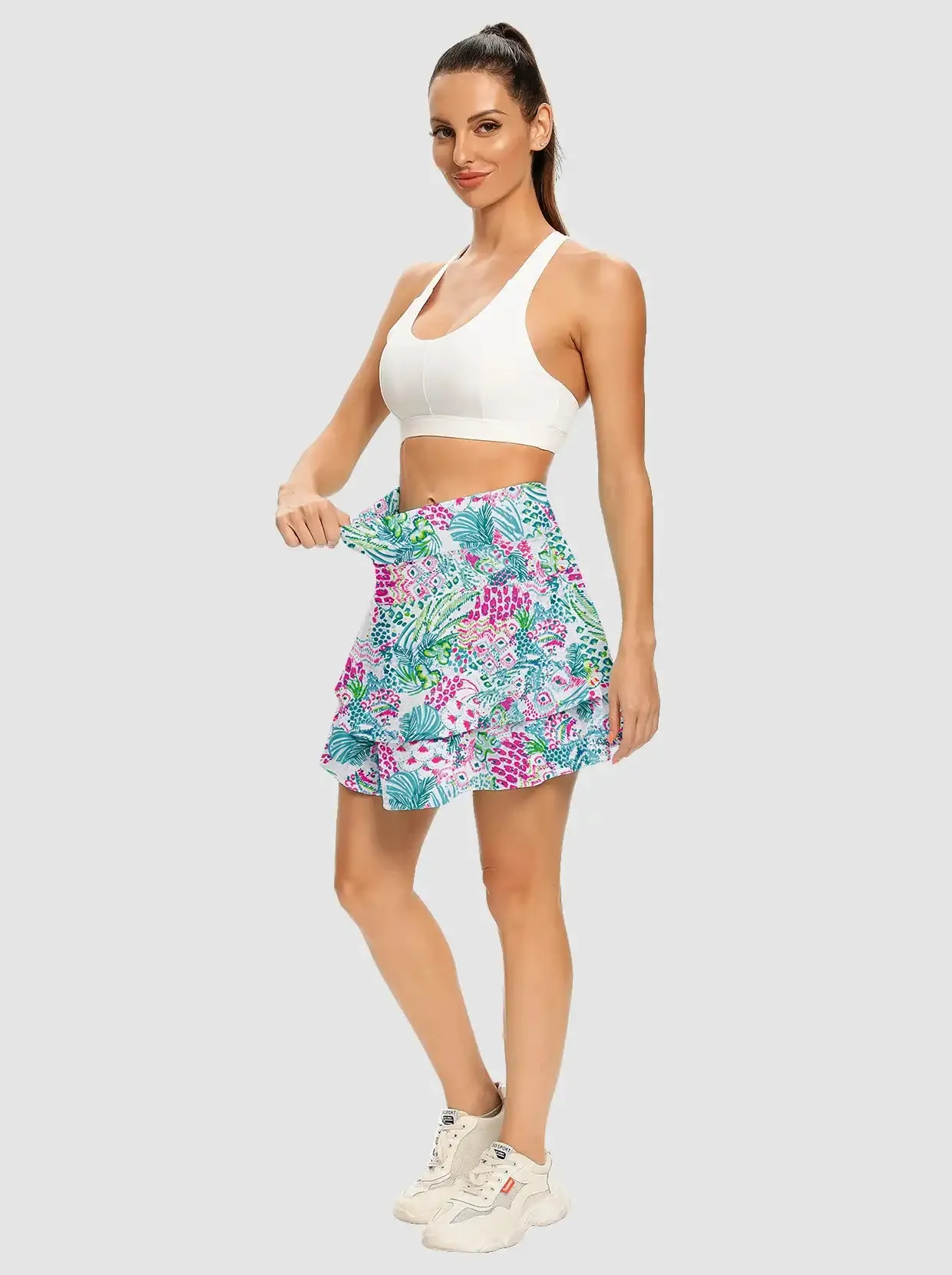 Retro Botanical Double-Layer Active Skorts with Pockets