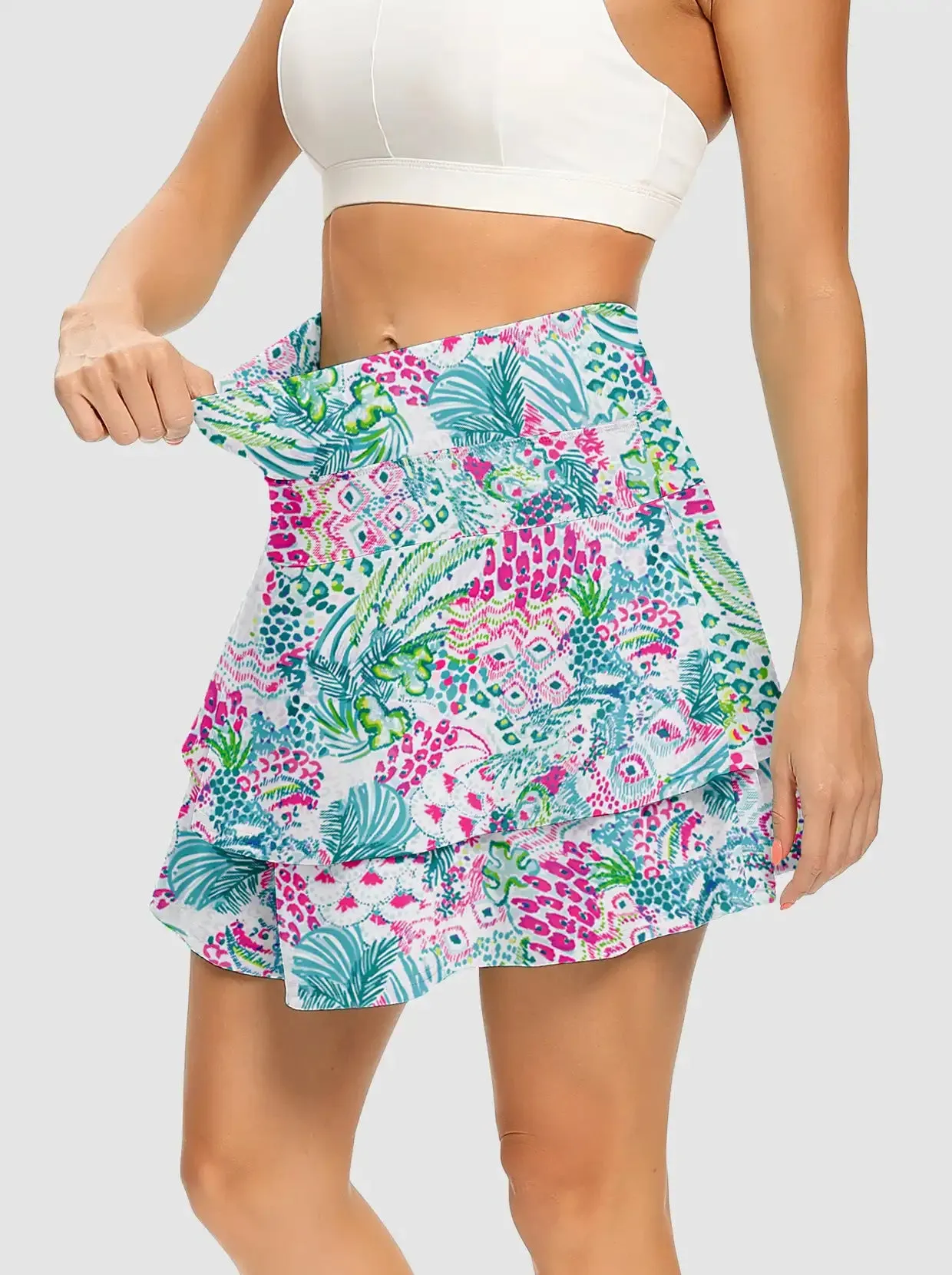 Retro Botanical Double-Layer Active Skorts with Pockets