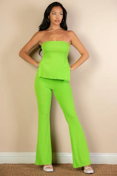 Ribbed Side Slit Bandeau Top & Flare Pants Set