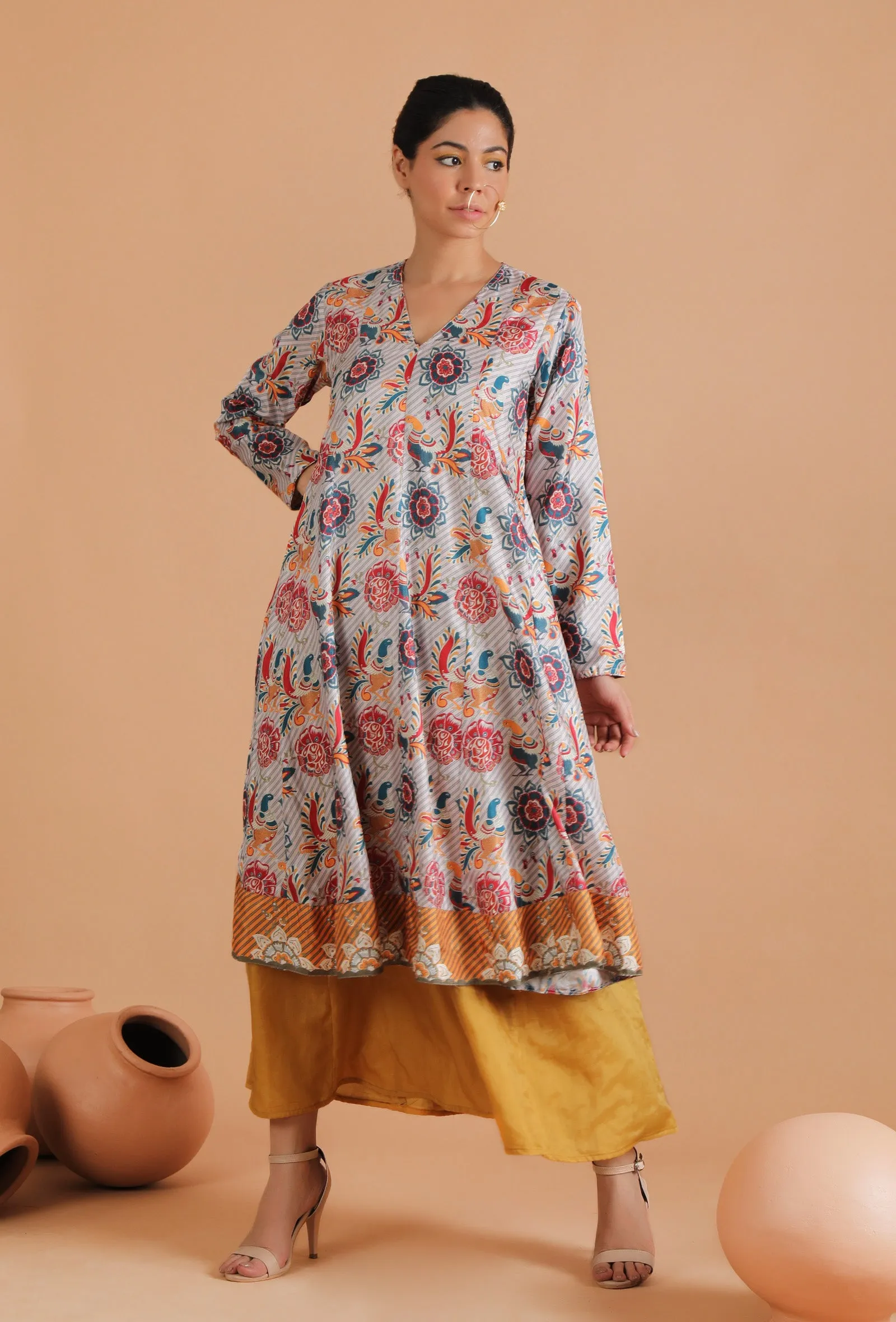 Set Of 3: Nayantara Allover Kalamkari Flared Kalidar Kurta With Flared Pallazo Pants & Organza Dupatta