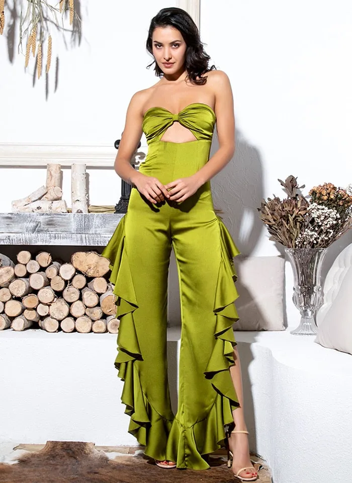 Sexy Green Tube Top & Cut Out Side Slit Ruffled Jumpsuit For Ladies