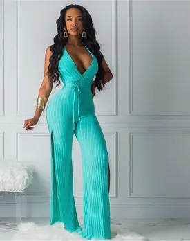 Sexy Side Split Jumpsuit Women 2019 Deep V Neck Rompers