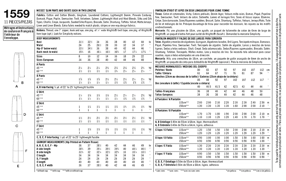 Simplicity Pattern 1559 Misses' slim pants and skirts