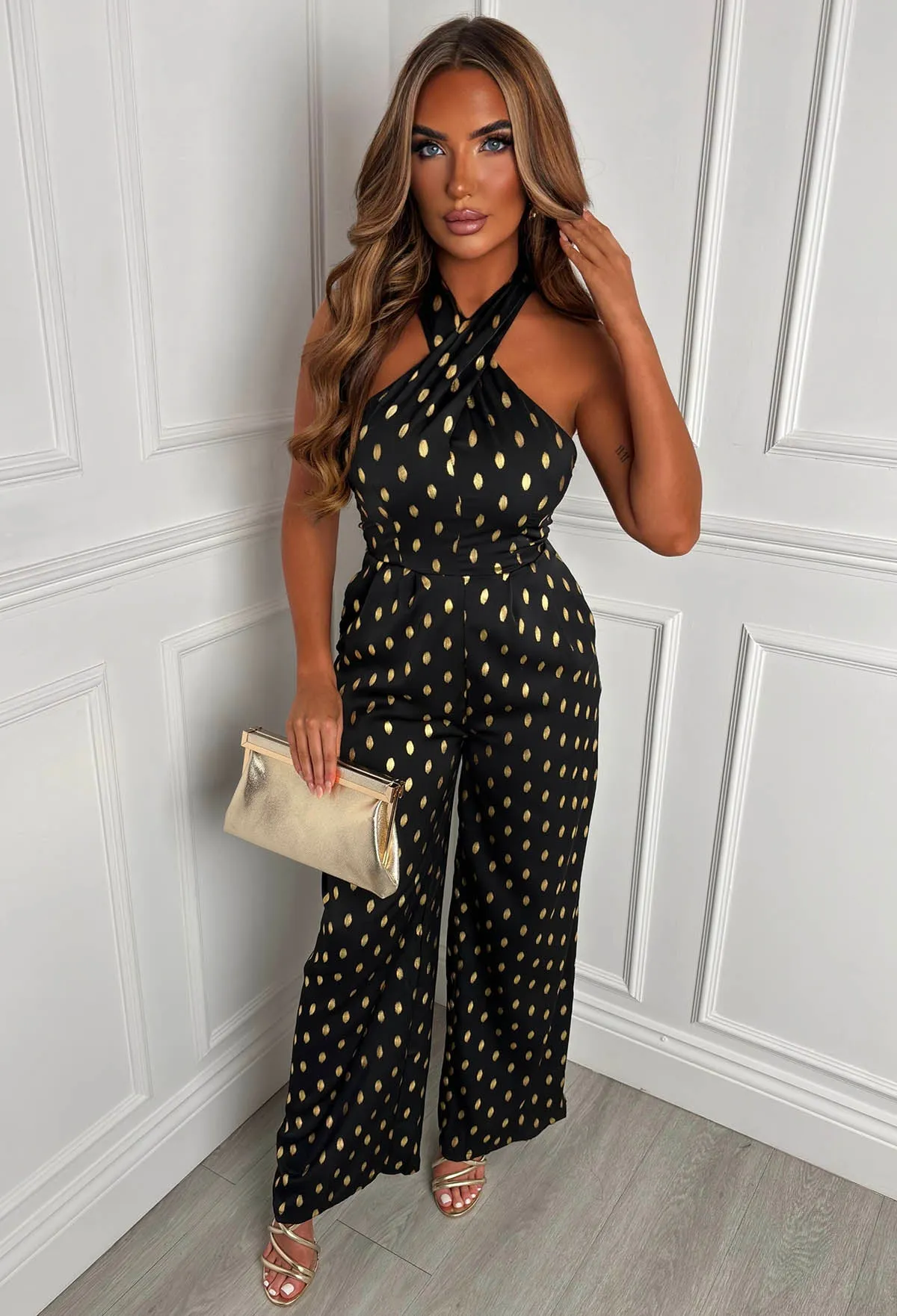 Star Crossed Black Foil Spot Halterneck Jumpsuit