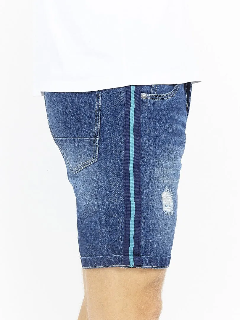 STRIPE SIDE DETAIL WASHED DENIM SHORTS