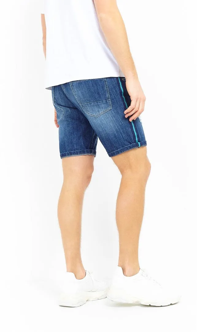 STRIPE SIDE DETAIL WASHED DENIM SHORTS