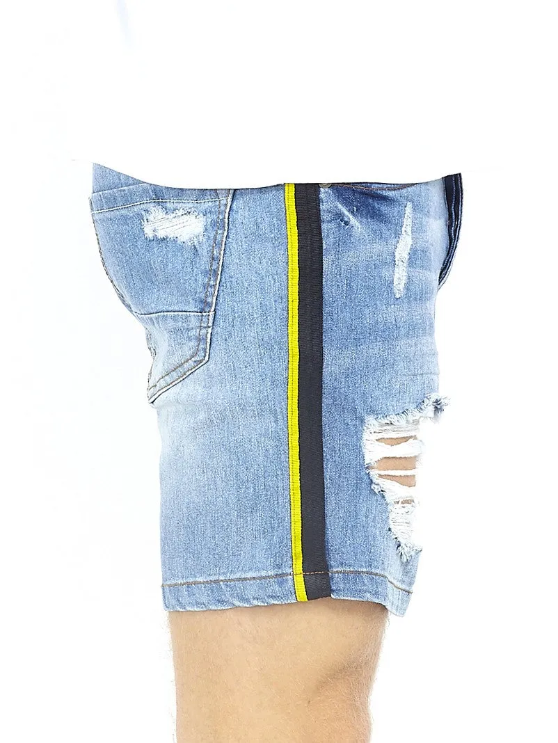 STRIPE TAPE DETAIL RIPPED DENIM SHORTS