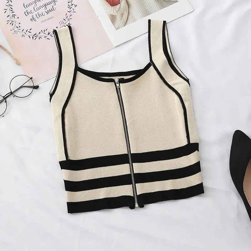 Striped Zip-Up Knit Camisole Top