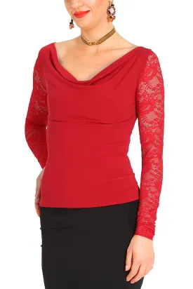 Tango Top With Draped Neckline, Lace Back & Sleeves