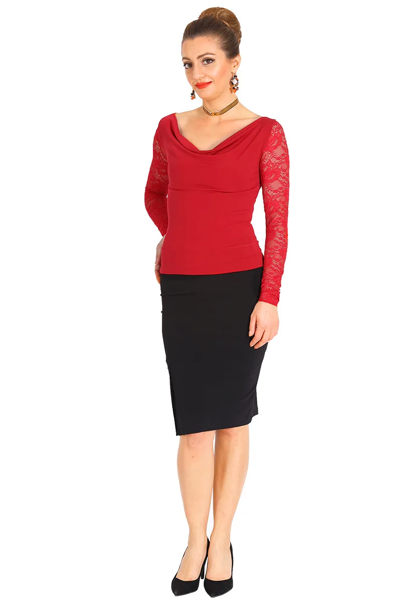 Tango Top With Draped Neckline, Lace Back & Sleeves