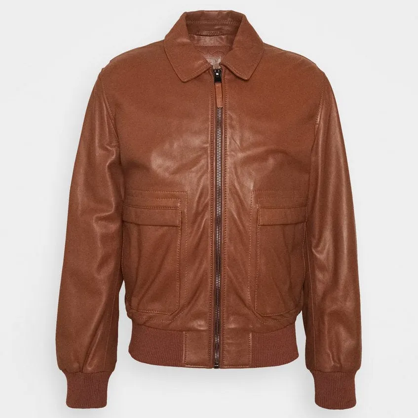 Trendy Men’s Tan Brown Leather Bomber Jacket