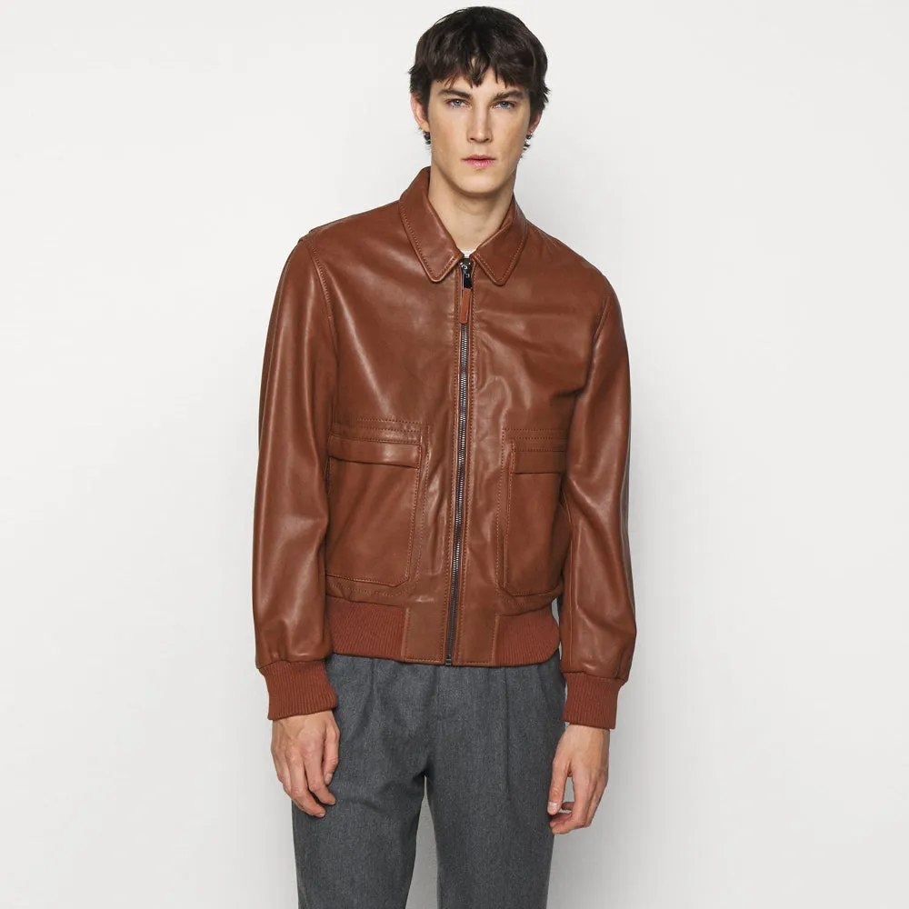 Trendy Men’s Tan Brown Leather Bomber Jacket