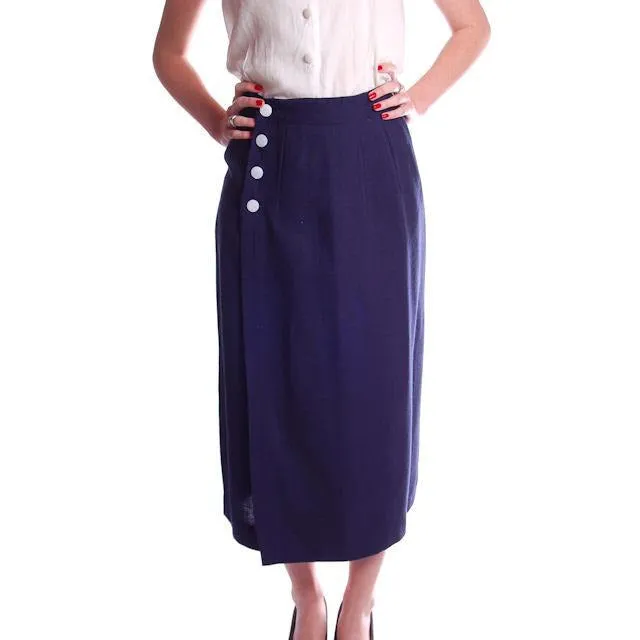 Vintage Pencil Skirt Navy Blue Linen  Asymmetrical Buttons 1950 NOS 25" Waist