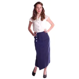 Vintage Pencil Skirt Navy Blue Linen  Asymmetrical Buttons 1950 NOS 25" Waist