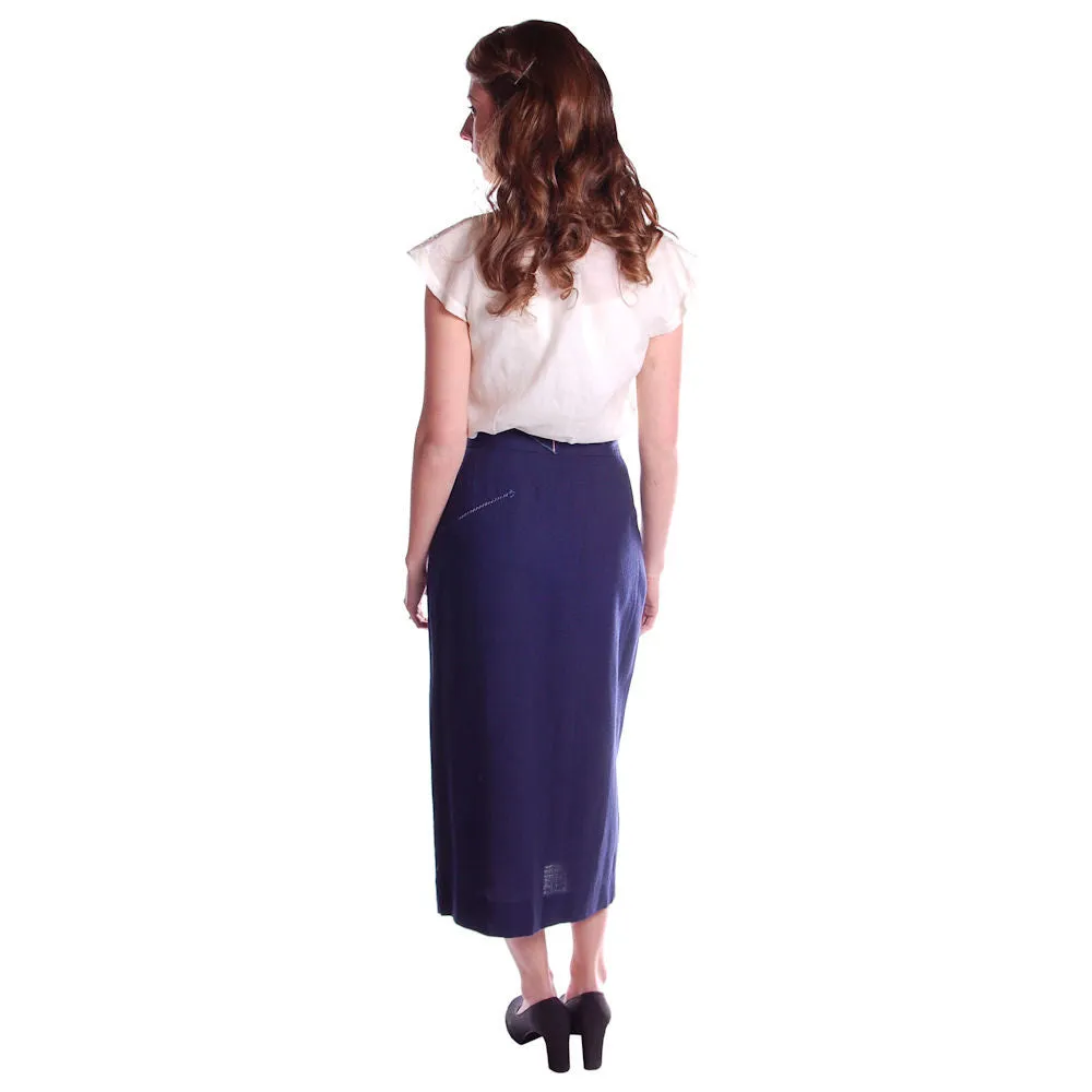 Vintage Pencil Skirt Navy Blue Linen  Asymmetrical Buttons 1950 NOS 25" Waist