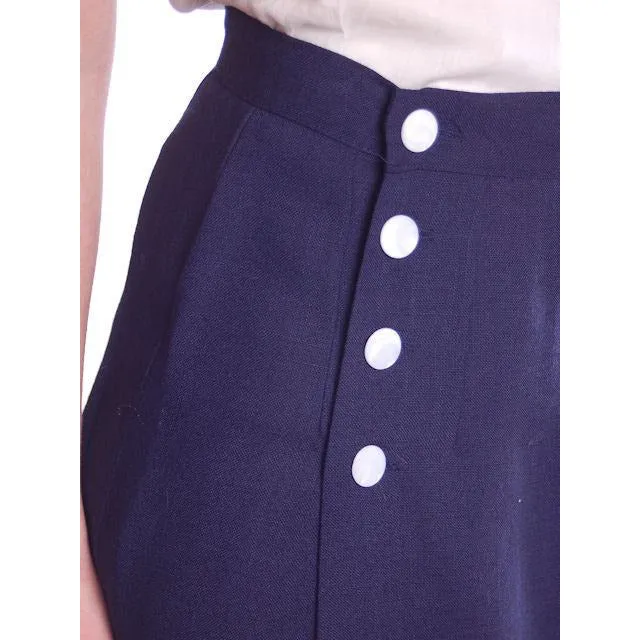 Vintage Pencil Skirt Navy Blue Linen  Asymmetrical Buttons 1950 NOS 25" Waist