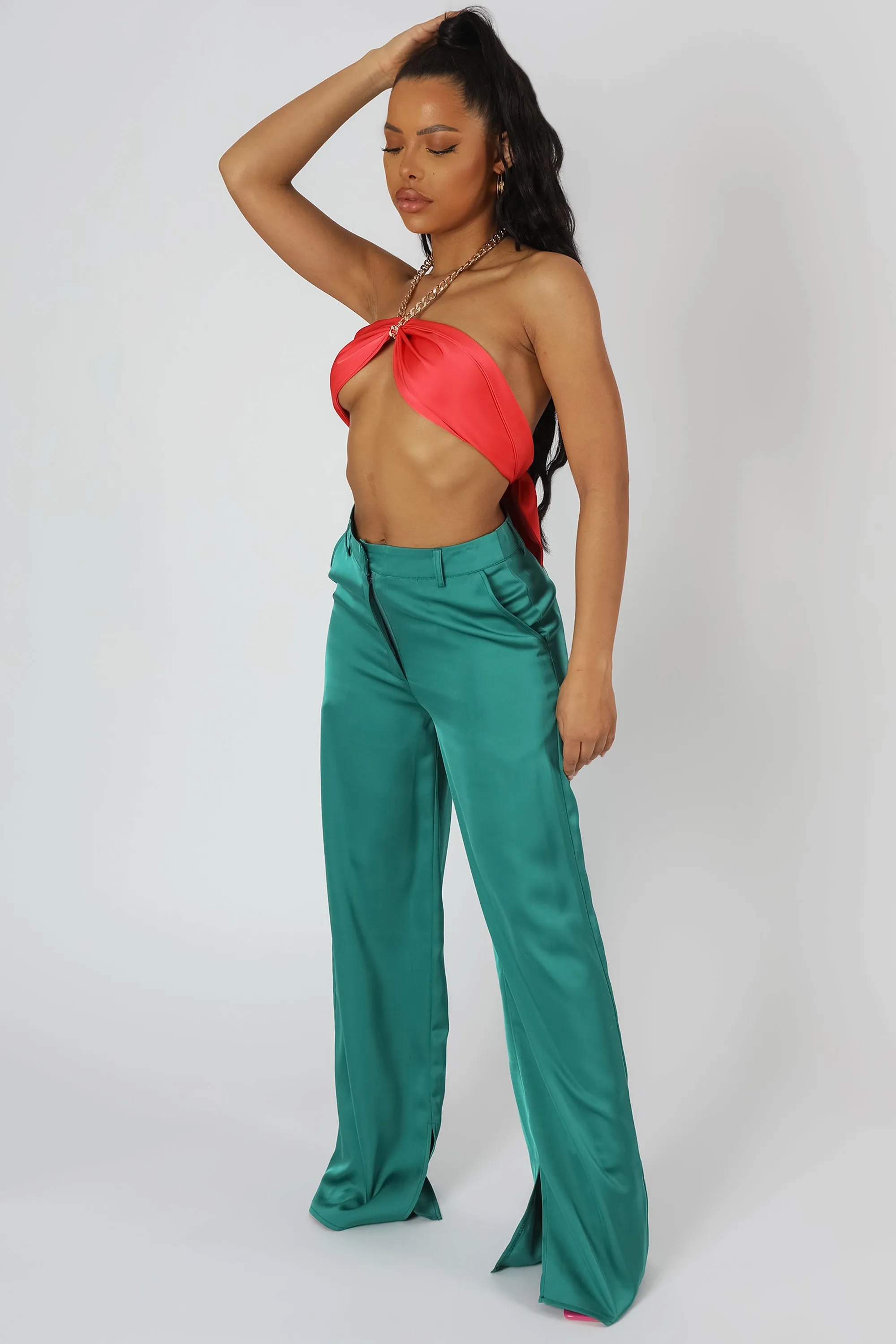 Wide Leg Split Hem Satin Tailored Trousers Green