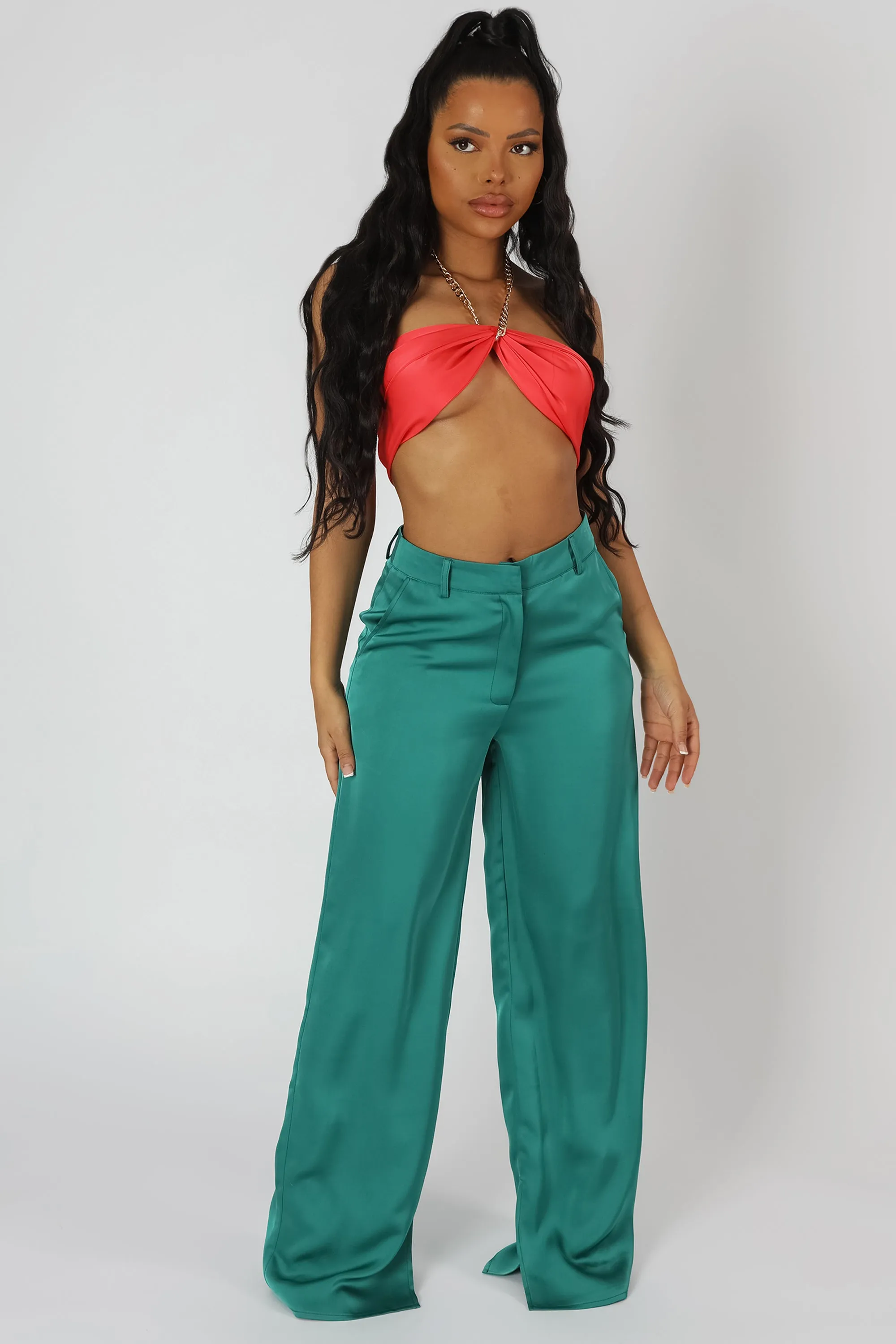 Wide Leg Split Hem Satin Tailored Trousers Green