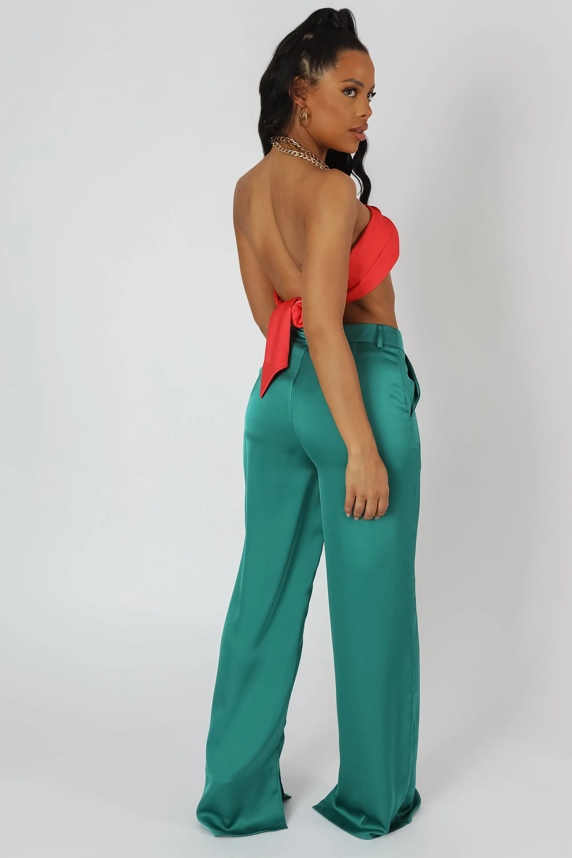 Wide Leg Split Hem Satin Tailored Trousers Green